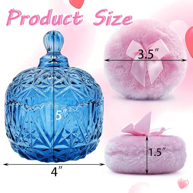 4" Glass Dusting Powder Container with 2 Fluffy Puffs,Cute 3.5" Soft Body Powder Puff and Jar Set(Crown-gray blue)