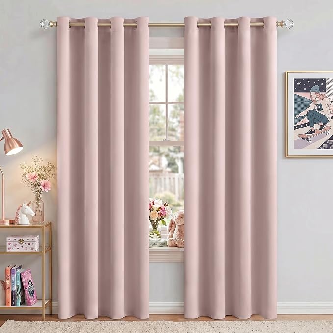 NICETOWN Light Block Window Curtains 84" Length - Home Fashion Thermal Insulated Solid Grommet Room Darkening Window Treatments for Hall Room, Blush Pink, 1 Pair, 52" Wide by 84" Long
