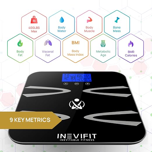 INEVIFIT Body-Analyzer Scale, Highly Accurate Digital Bathroom Body Composition Analyzer, Measures Weight, Body Fat, Water, Muscle, BMI, Visceral Levels & Bone Mass for 10 Users. Includes Batteries