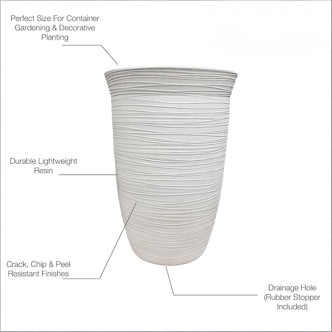 15 Inch Resin Vase, Cement Look Outdoor Indoor Planter, 14 Gallon Capacity with Drainage, Weather-Resistant for Patio, Porch, Trees