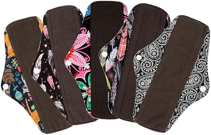 5 Pack 10 Inch Charcoal Bamboo Cloth Menstrual Pads,Reusable Sanitary Pads,Washable Panty Liner,Unscented