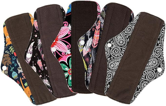 5 Pack 10 Inch Charcoal Bamboo Cloth Menstrual Pads,Reusable Sanitary Pads,Washable Panty Liner,Unscented