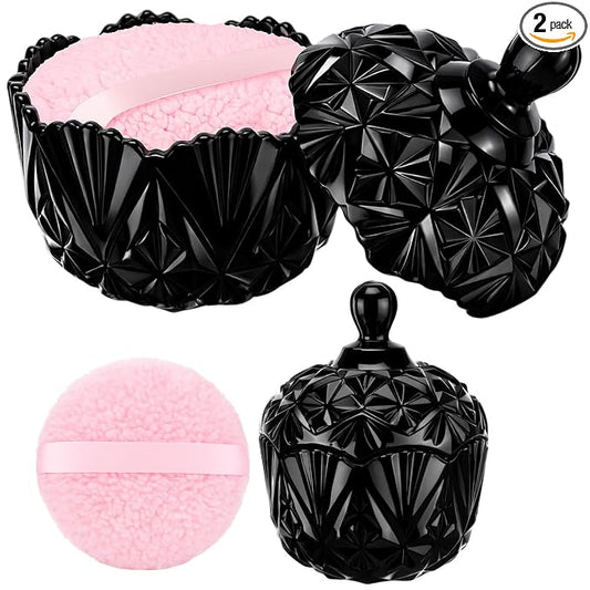 Extra Large Body Powder Puff and Container, 5.3'' Crystal Container with 5.3'' Oversize Dust Powder Puff Washable Reusable Face Body Wet Dry Makeup Gift(Black, Diamond)