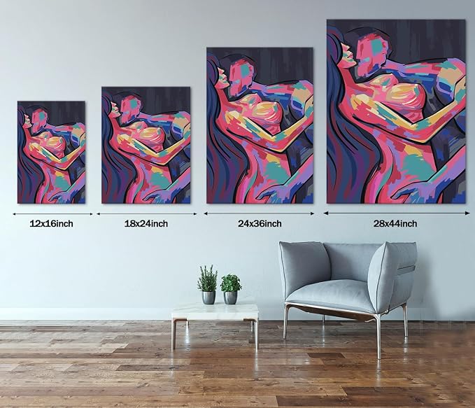 Yeesjoee Abstract Adults Sex Wall Art Sexy Couple Body HD Print Nude Lovers Kissing Colorful Naked Picture Canvas Paintings Woman and Man Modern Home Decor for Bedroom College Dorm, 24x36 in Framed