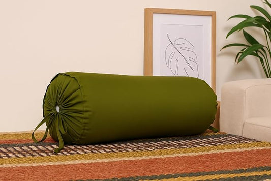 Cylindrical Pillow Bolster Cover Cervical Neck Roll Cotton Pillowcase with Drawstring Closure Neck Cushion Cover 6" x 18" (15 x 45 cm) Olive Green