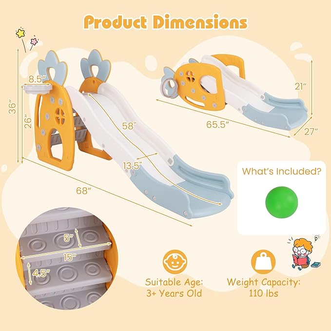 BABY JOY Toddler Slide, 3 in 1 Freestanding Foldable Kids Slide with Climber, Basketball Hoop & Ball, Buffer Zone & Safety Handrails, Indoor Pineapple Theme Play Slide for Kids, Boys & Girls