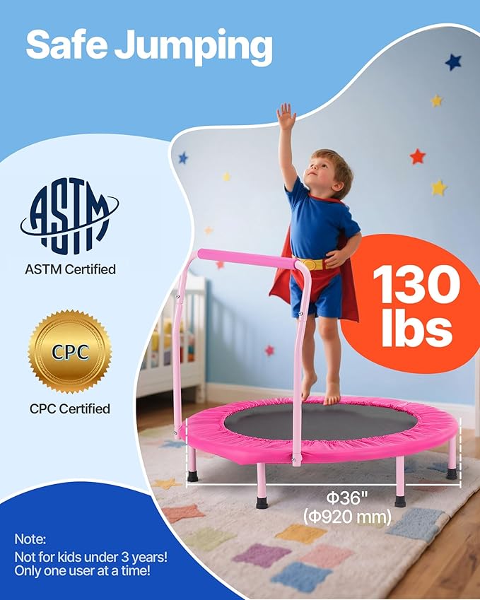 VEVOR 3FT Trampoline for Kids, 36" Trampolines Indoor/Outdoor Trampoline for Toddlers, Foldable Mini Baby Jump Toy with Foam Handle, Recreational Trampolines Birthday Gift for 3+ Years Kids