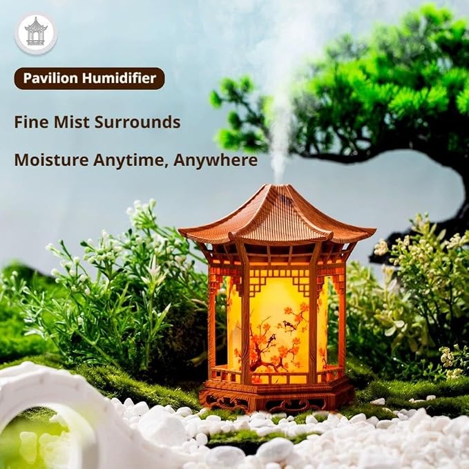Zen Pavilion Lantern Aroma Diffuser & Night Light,2-in-1 160ml Essential Oil Diffuser with 2 Mist Modes,Zen Garden Humidifier Chinese-Style Decorative Night Light for Yoga, Meditation (Brown)