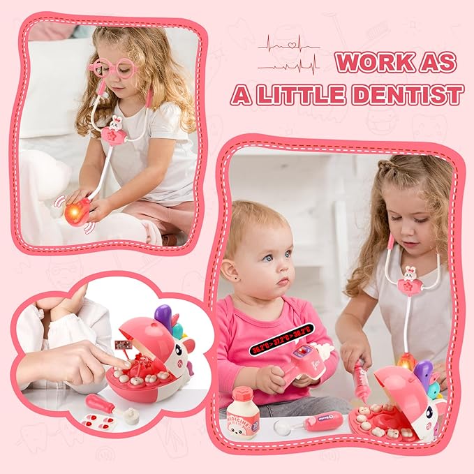ORANGE OCEAN 34 PCS Dentist Play Set for Girls Kids, Pretend Play Doctor Kit for Kids Toddlers Ages 2-4 3-5, Kid Dentist Play Doctor Set with Light & Sound, Toys Gifts for 3 4 5 Year Old Girls Boys