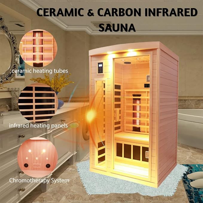 Ceramic 2 Person Infrared Sauna, Far Infrared Sauna for Home, Hemlock Wood Saunas Room, 2 in 1 Indoor Sauna with Low EMF Heaters + Ceramic Heating Cubes-Chromotherapy-Bluetooth Speaker
