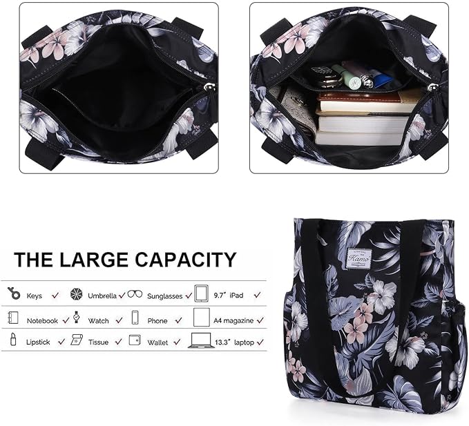 KAMO Floral Tote Bag - Waterproof Lightweight Handbags Travel Shoulder Bag for Hiking Yoga Gym Swimming Travel Beach