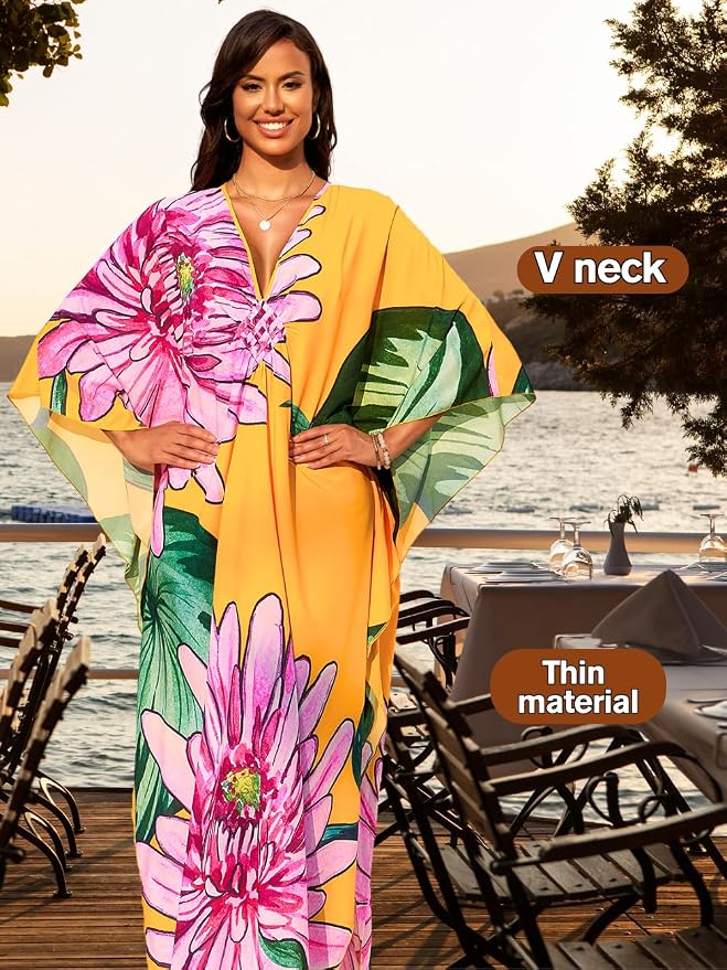 ChiaoLezhee Print Moo-Moos for Women, Kaftan Cover-Up Dresses, Sexy V-Neck High-Slit, Beach Pool-Party Coverups Muumuu Plus