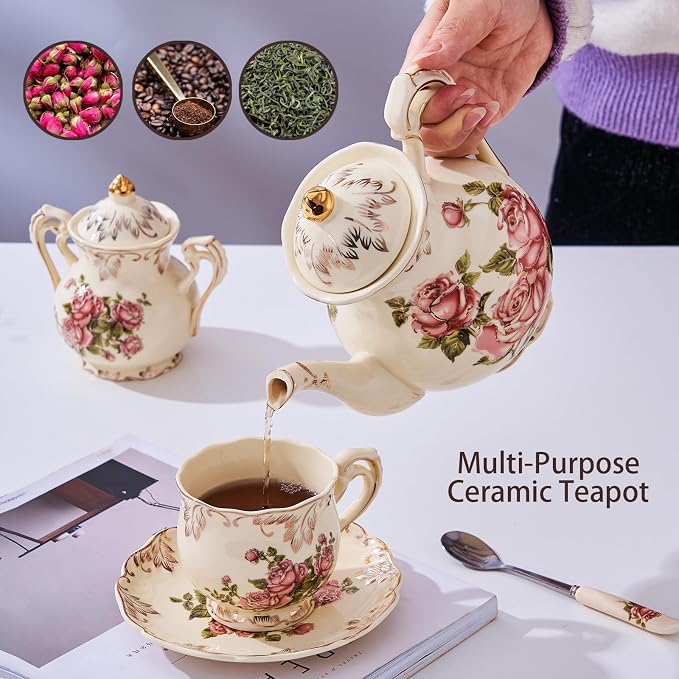 YOLIFE Small Pink Rose Teapot, 25 OZ/ 3 Cup Vintage Ivory Porcelain Tea Pot, Floral Teapot with Gold Trim, Gifts for Women