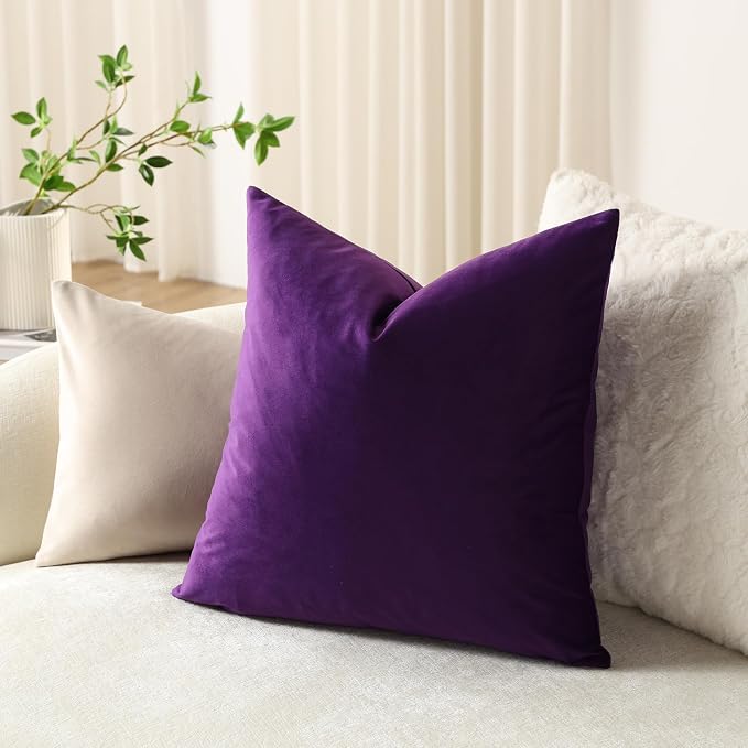 Euro Sham Covers 26x26 Purple: Pack of 2 Cozy Soft Velvet Square Modern Luxury Decorative Throw Pillow Cases for Sofa Couch Living Room Bed Home Decor