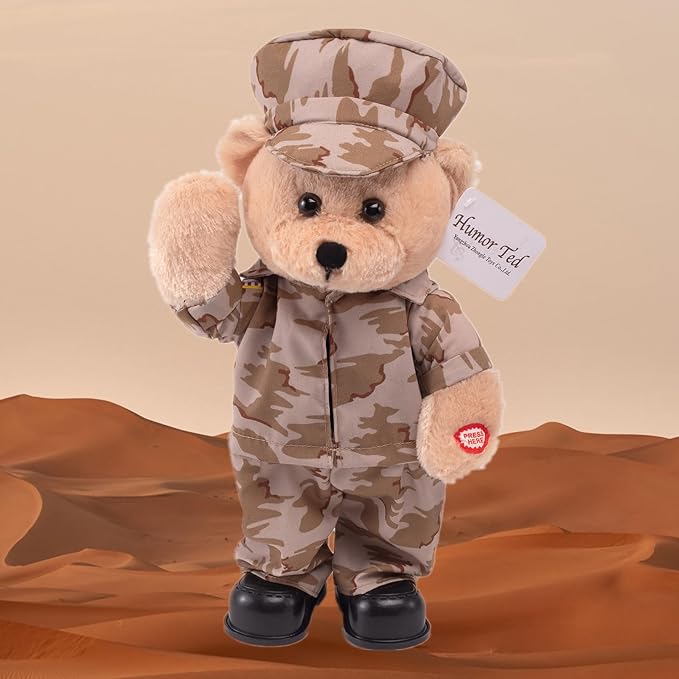 Children's Idol Military Hero Teddy Bear Stuffed Animals Singing Dancing Teddy Bear Stuffed Animal, US Army Theme Music Plush Toys,Independence Day Soldier Memorabilia Gifts for Kids 14"(Desert Army)