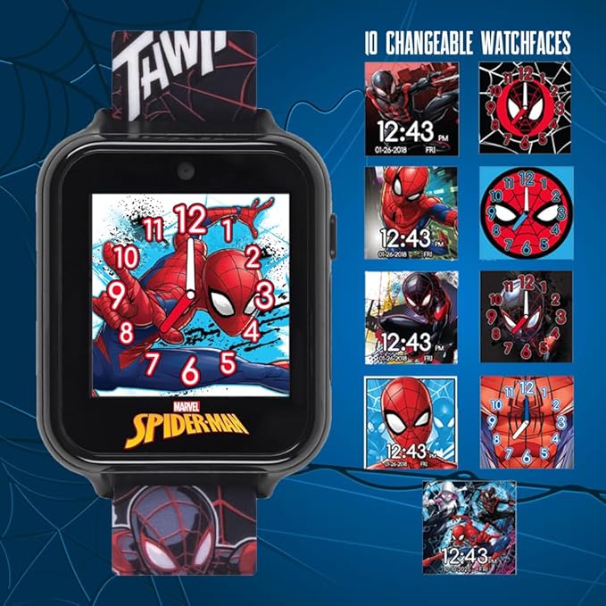 Marvel Spider-Man Kids Smart Watch – Touchscreen Interactive Watch with 10 Customizable Clock Faces, Built-in Camera, Video Recorder, Alarm, Calculator, Games & Pedometer – Fits Wrists 5.5" to 8"