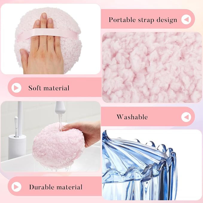 Tioncy 2 Pcs Extra Large Dusting Powder Puff and Container for Women-6'' Glass Crystal Dusting Powder Container Soft Washable Reusable Velour Face(Blue,Scalloped)