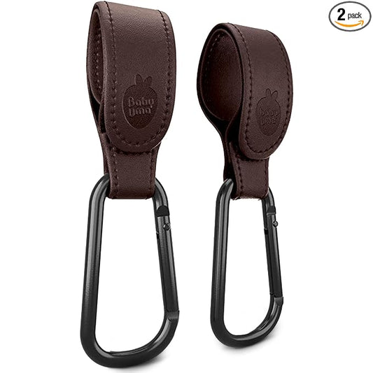 Baby Uma Stroller Hooks for Bags (2 Pack) - Leather-Style Stroller Clips and Hooks, Non-Slip Stroller Accessories, Carry 11 lbs Per Stroller Hook, Universal Baby Essentials & Stroller Accessories