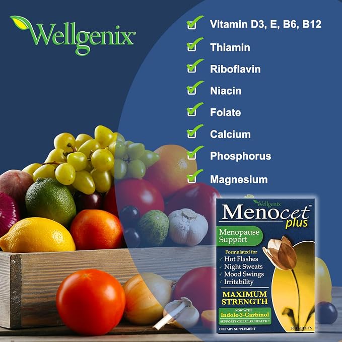 Wellgenix Menocet Plus Menopause Support - Natural Supplement for Women - Daily Relief Feminine Care - Helps with Hot Flashes, Mood Swings & Irritability - 30 Tablets