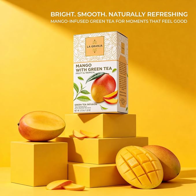 Life Plus Style Gourmet La Granja Mango Green Tea Tropical Mango Tea Fruity Flavor Naturally Caffeinated & Zero Sugar Refreshing Hot or Iced Individually Wrapped 25 Tea Bags
