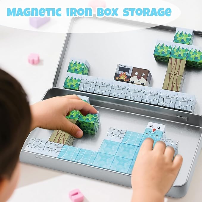 Mini Magnetic Cubes STEM Winter Set for Kids Ages 3-5, 35PCS Educational Travel Building Toys with Magnetic Tin Box, Birthday Gift for Boys & Girls 4-8, Preschool Brain Development Activities