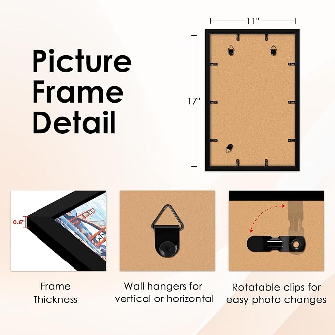 FIXSMITH 11x17 Picture Frame Set of 2, Photo Frame with HD Plexiglass, Display Pictures 9x15 with Mat or 11x17 Without Mat, Black Picture Frames Collage Wall Decor, Gallary Wall Frame
