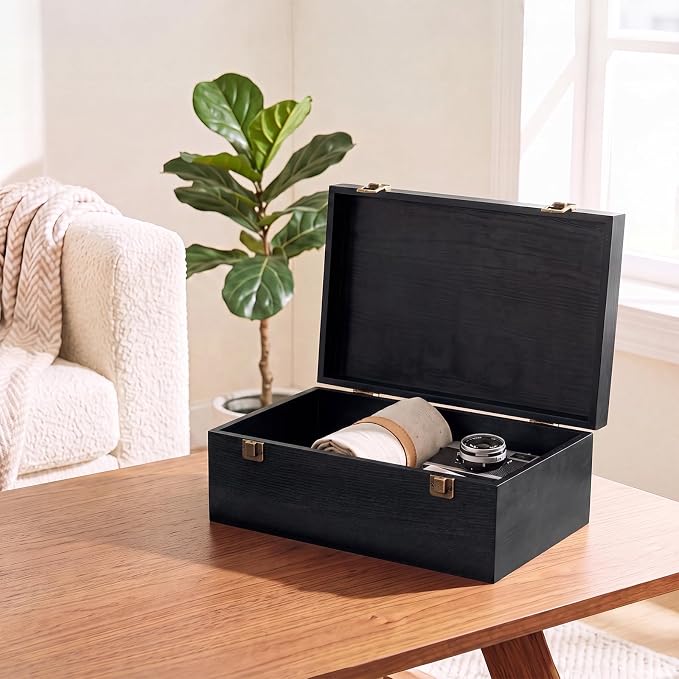 Sliner 1 Pcs Wooden Decorative Storage Boxes with Lids Vintage Wood Organizer Bins for Your Bookshelf Home Decor Safely Store Photos Documents Memory Jewelry Craft Storage (Glossy Black,M Size)