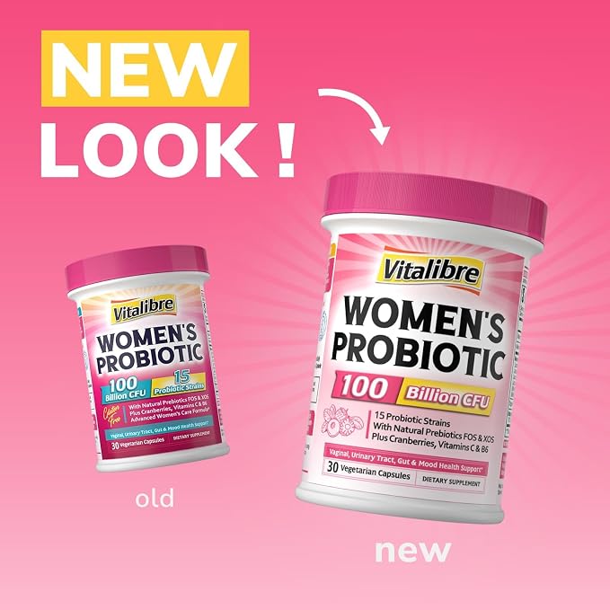 Vitalibre Probiotics for Women 100 Billion CFU 15 Strains, Daily Probiotic & Prebiotic Supplement with Organic Cranberry to Support Vaginal, Digestive, Immune Health, Shelf Stable, 30 Vegan Capsules