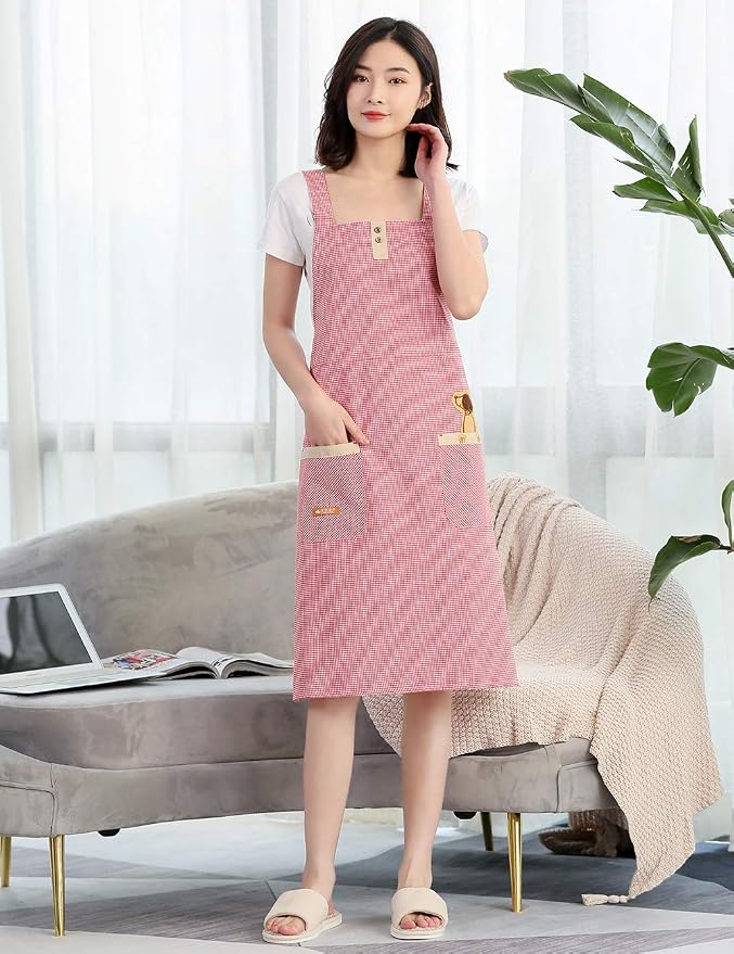 NEWGEM 100% Cotton Cute Gingham Apron with Pockets - Korean Style H-Back Pinafore for Women Baking, Pastry Chef (Pink Doggy)
