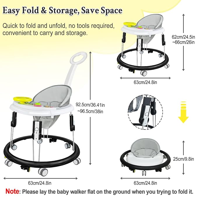 Foldable Baby Walker for Boys Girls, 5-in-1 Toddler Activity Walkers | Adjustable Height, Music Tray, Detachable Seat, Mute Wheels, Anti-Rollover, Knee Pads Socks Foot Pad, Portable, 8-24 Months