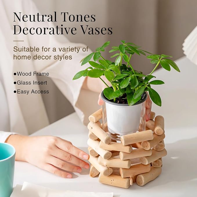 Solid Wood Openwork Vase - Farmhouse Tabletop Decor, with 3.5 Inch Borosilicate Glass Insert, Versatile Small Planter for Fresh Flowers, Dried Blooms & Hydroponic Plants