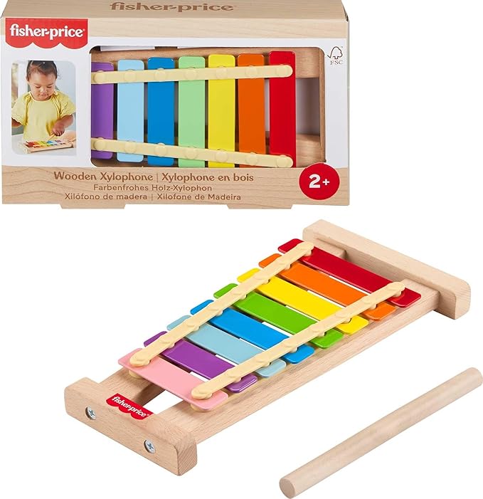Fisher-Price Wood Toddler Toy Xylophone, Wooden Musical Instrument for Developmental Play Preschool Kids Ages 2+ Years