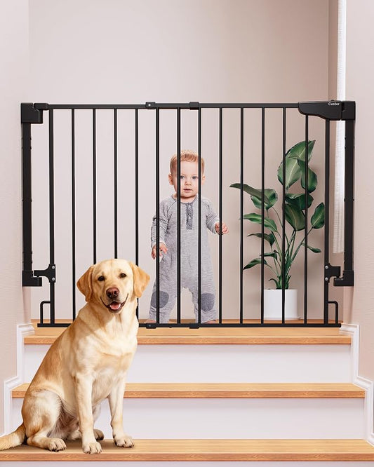 Cumbor 29.2–43" Baby Gate for Stairs, Hardware Mounted (Drill Required), Expandable No Bottom Bar Dog Gate, Auto Close Extra Wide Walk Thru, Pet & Toddler Proof Gate, Top & Bottom of Stairways(Black)