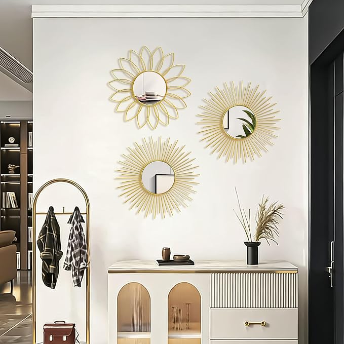 3 Pack Metal Mirrors for Wall Sunburst Wall Mirrors Home Décor Decorative Hanging Wall Art for Living Room Bedroom Entryway (Gold2, Flower+Sunburst)