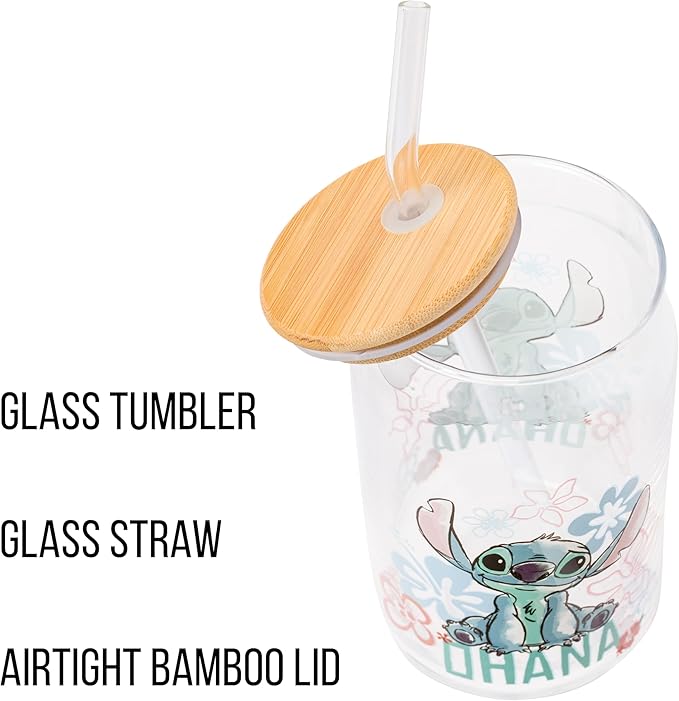 Silver Buffalo Disney Lilo and Stitch Ohana Floral Glass Jar Tumbler with Bamboo Lid and Glass Straw, 16 Ounces (Pack of 12)