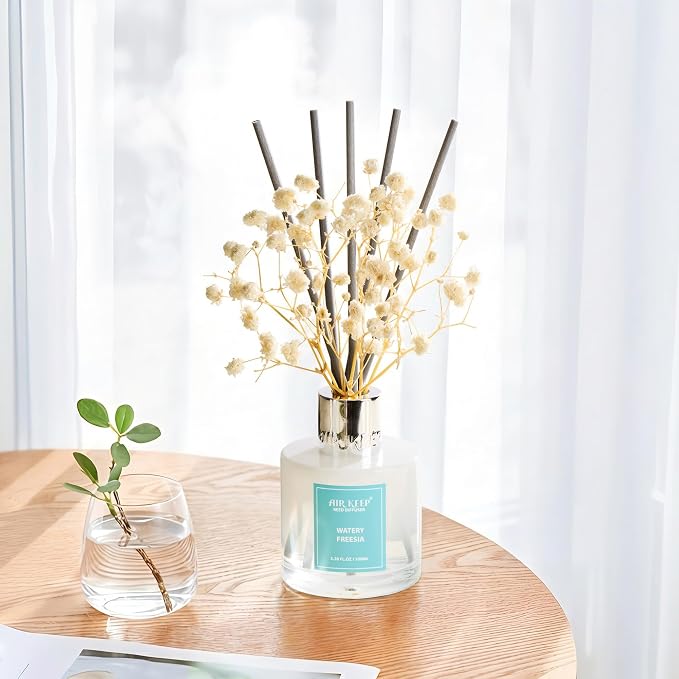 Airkeep Reed Diffuser Set,3.38 fl oz (100 ml) - Watery Freesia Oil Diffusers with 8 Reed Sticks, Home Fragrance Reed Diffuser for Bathroom Shelf Decor