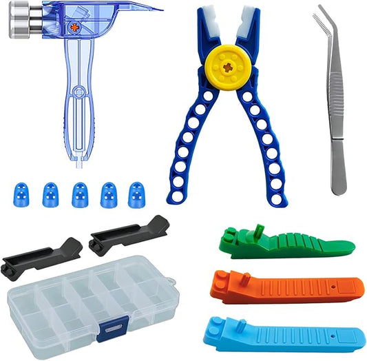 Building Blocks Tool Kit - Brick Separator, Mini Blocks Tool Set, Multi-Functional Hammer, Pliers, Tweezers, Finger Protectors with Tin Box (Blue)