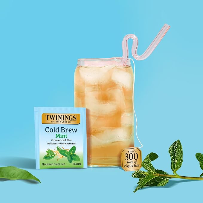 Twinings Cold Brewed Iced Tea - Mint Flavored Green Tea with Peppermint Leaves, Caffeinated Green and Black Tea Extracts, Unsweetened Cold Brew Tea Bags Individually Wrapped, 20 Count
