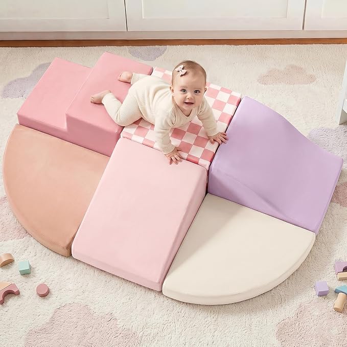 Tiny Land Soft Foam Climbing Blocks for Toddlers, 6-Piece Baby Foam Climbing Blocks, Indoor Playground Climbing Toys, Ideal Gift for Kids Activity Crawling and Sliding Foam Play Set (Pink Pastel)