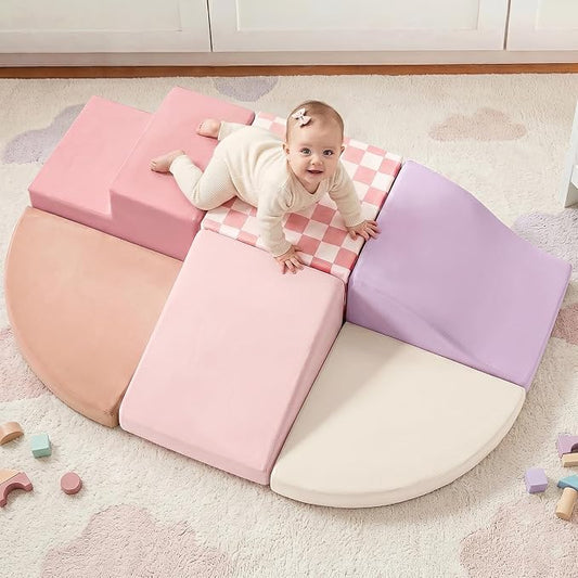Tiny Land Soft Foam Climbing Blocks for Toddlers, 6-Piece Baby Foam Climbing Blocks, Indoor Playground Climbing Toys, Ideal Gift for Kids Activity Crawling and Sliding Foam Play Set (Pink Pastel)