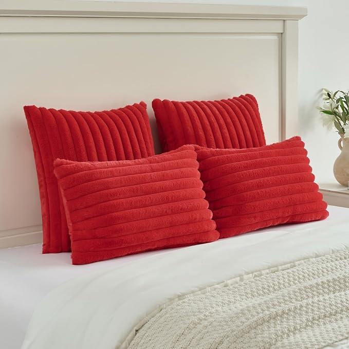 FUTEI Pack of 2 Faux Fur Throw Pillow Covers 22x22 Inch, Red | Fluffy Faux Rabbit Fur Front/Premium Velvet Back,Hidden Zipper,Machine Washable,Non-Shedding,Colorfast,Insert Not Included.