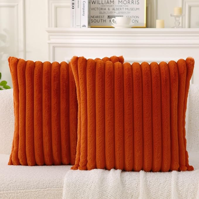 Decorative Throw Pillow with Inserts, Set of 2 Soft Faux Fur Throw Pillows, Square Boho Striped Pillow for Couch, Bed, Sofa Decor (Brownish-Orange, 16" x 16"(Pack of 2))