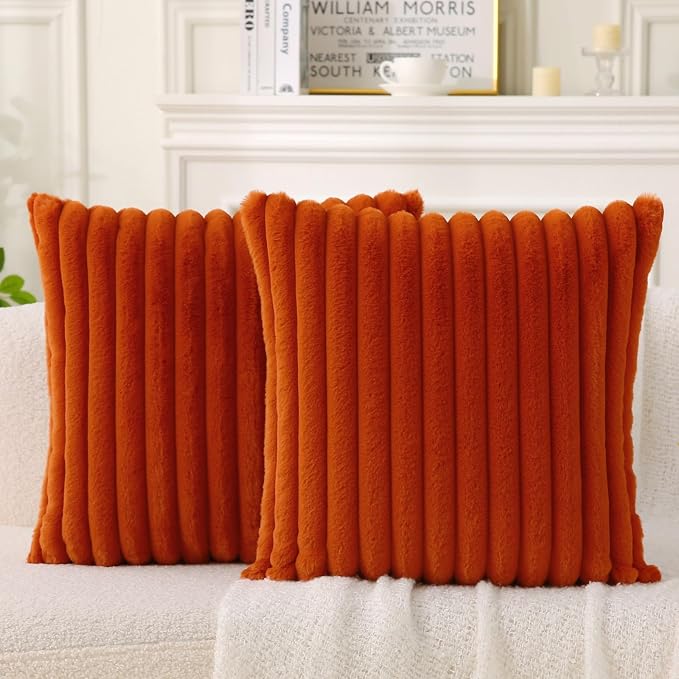 Decorative Throw Pillow with Inserts, Set of 2 Soft Faux Fur Throw Pillows, Square Boho Striped Pillow for Couch, Bed, Sofa Decor (Brownish-Orange, 20" x 20"(Pack of 2))