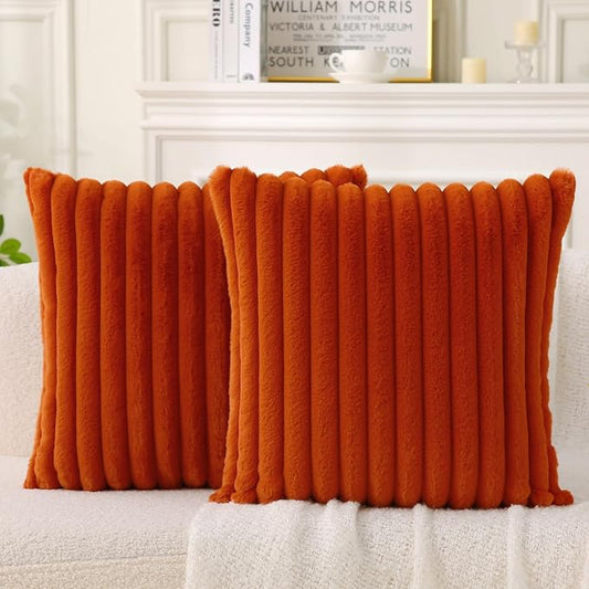 Decorative Throw Pillow with Inserts, Set of 2 Soft Faux Fur Throw Pillows, Square Boho Striped Pillow for Couch, Bed, Sofa Decor (Brownish-Orange, 20" x 20"(Pack of 2))