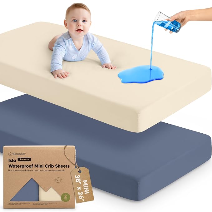 2-Pack Waterproof Pack and Play Sheets, Mini Crib Sheets Fitted for Boy, Girl - 38 x 26 Viscose from Bamboo Pack N Play Mattress Sheets for Graco, Toddler Playard Baby Crib Sheets Neutral(Maritime)