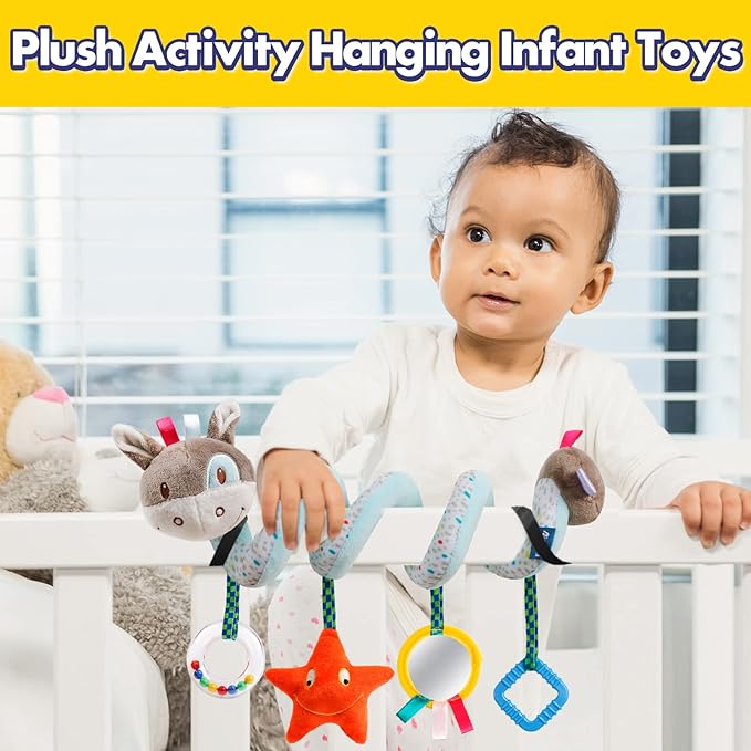 Baby Car Seat Toys Activity Stroller Toy for Boys Girls 0 3 6 9 10 12 Months, Spiral Hanging Plush Toys, Baby Shower Thank You Gifts