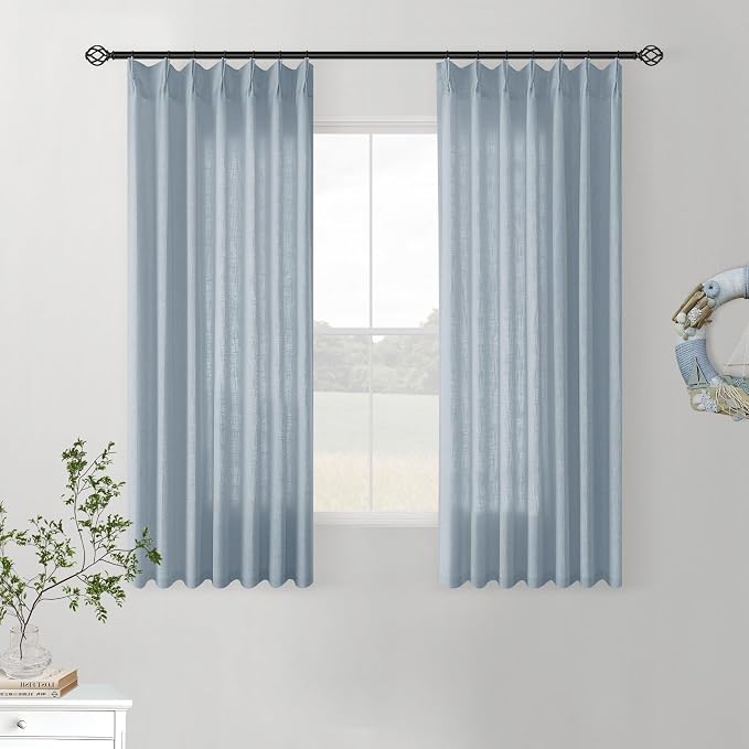 Dusty Blue Pinch Pleated Linen Semi Sheer Curtains 45 Inch Length 2 Panels | for Kitchen Small Bay Window Basement, Pinch Pleated with Hooks Rings Back Tab, Memory Shape, Thick Linen Semi Sheer, W40xL45