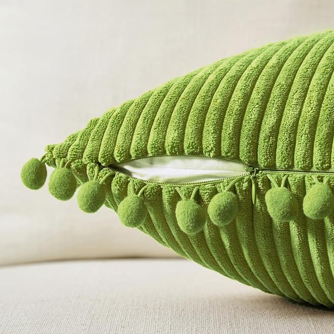 Fancy Homi Pack of 2 Lime Green Decorative Throw Pillow Covers with Pom-poms, Soft Corduroy Solid Square Cushion Cases Set for Couch Sofa Bedroom Car Living Room (18x18 Inch/45x45 cm, Lime Green)