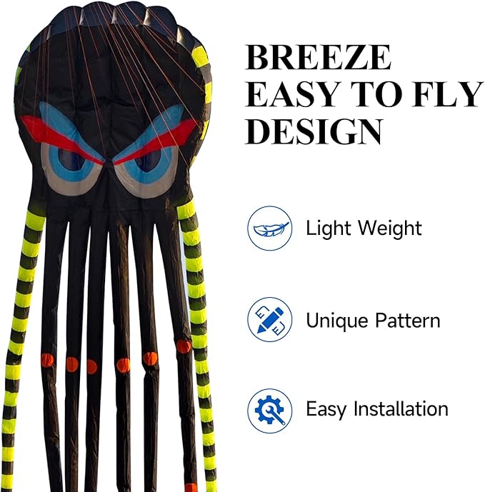 3D 26ft Ultra Large & Funs Octopus Foil Kite with 1000D Kite String, Beach Park Outdoor Fun Beach Trip Great Gift to Kids Build