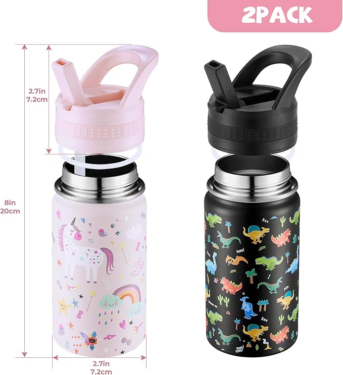2 Pack Kids Water Bottle,14oz Stainless Steel Insulated Water Tumbler Leak-Proof,School Water Mug,Small and Portable,Suitable for Boys and Girls to Use(Black dinosaur + Pink unicorn)